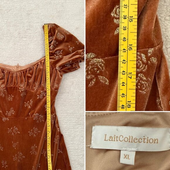 Lait Collection Velvet Dress Size XL Rust Floral Puff Sleeve Ruffle Hem Retro - Picture 7 of 17
